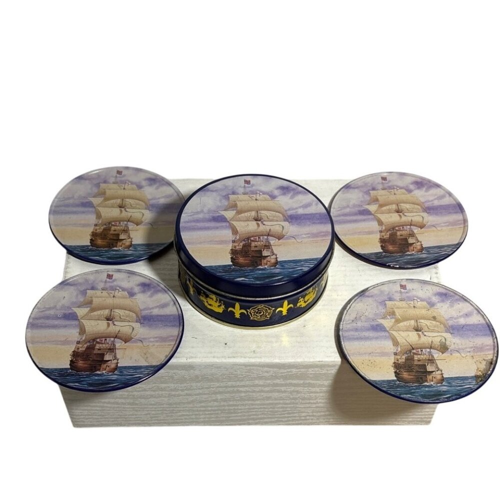 Historic Ship Coasters & Tin Set Mary Rose 1545 England Cork Backing England